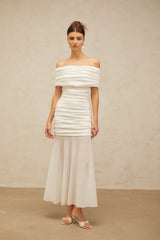 Calliopée white off-shoulder panelled midi dress