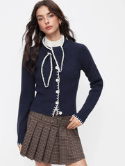 Knit Stand Collar Bowknot Contrasting Binding Long Sleeve Cardigan
