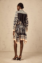 Ingrid black pattern-print tied mini dress