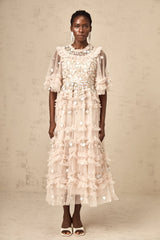 Kévina floral-embroidery tiered ruffled midi dress