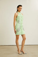 Hélène green halterneck fringed mini dress