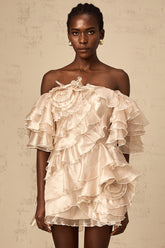 Cerise asymmetric flounce mini dress in Neutrals