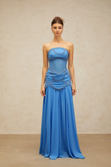 Gaëlle blue faux-pearl-embellished pleated maxi dress