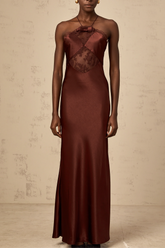 Eléonore wine-red lace-panelling satin maxi dress