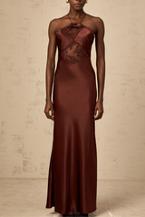 Eléonore wine-red lace-panelling satin maxi dress