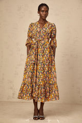 Éliane yellow V-neck floral-print midi dress