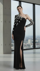 Fashion Women Celebrity Sexy Single Sleeve Rhinestone Black Maxi Long Bodycon