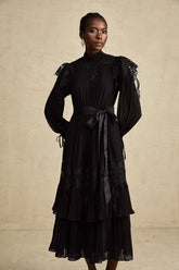 Lucie black guipure-lace ruffled midi dress