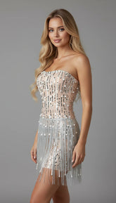 Glamorous Strapless Pearl Sequin Fringe Mini Dress