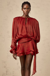 Eugénie fully-pleated ruffled mini dress in Red