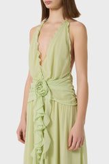 Aonaver Floral Ruffle Halter Maxi Dress - Green