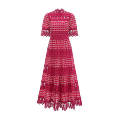 Chantal red scallop-pattern lace-panel maxi dress