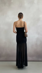 Maison Celie Noir Sheer-Hem High-Slit Strapless Gown