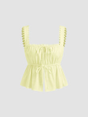 100% Cotton Square Neck Broderie Anglaise Tie Front Bow Top