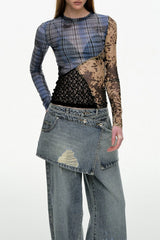 Lina Printed Patchwork Mesh Top