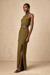 Daisy green beaded-trim top & skirt matching set
