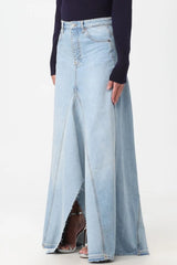 Charlia Paneled Frayed Denim Skirt