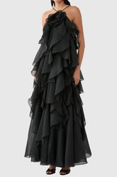 Caysie Halter Floral Ruffle Layered Maxi Dress - Black