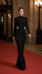Celie Black Allure High-Neck Cut-Out Draped Gown