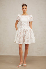 Josette white floral-lace puff mini dress