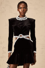 Daniela black cut-out fringed velvet mini dress