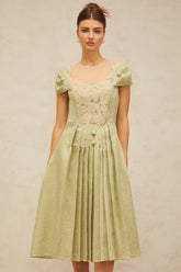 Marianne green flower-motif pleated midi dress