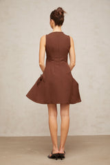 Dora brown asymmetric-neck puff mini dress