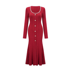 Anaxarete red embellished knitted midi dress