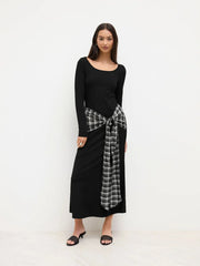 Plaid Knotted Scoop Neckline Long Sleeve Maxi Dress
