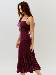 Asymmetrical Neck Glitter Ruched Top & High Rise Ruffled Mermaid Maxi Skirt Set