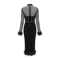 Jeanne feather-trim velvet midi dress