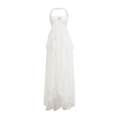 Mariah pink chiffon ruffle halter neck maxi dress