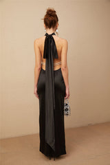 Ginevra black halterneck faux-pearl satin maxi dress