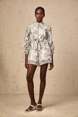 Eugénie blue lace-trim floral-print ruffled jumpsuit