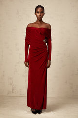 Hélène red ruched fitted velvet maxi dress