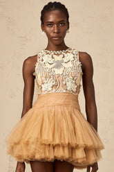 Candice khaki embellished corded-lace-panel tulle mini dress