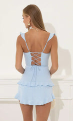 Techno Crepe Ruffle Corset Dress in Blue