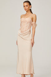 Ariane pink lace-panel draped midi dress