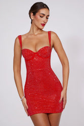 Embellished Corset Mini Dress In Fire Red