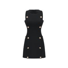 Cascade button-detail black mini dress