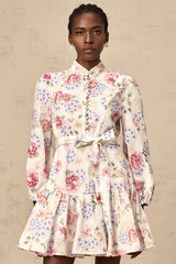 Maia tied-waist floral-print mini dress in White