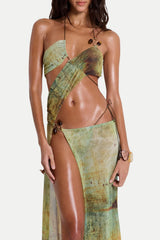 Himer Print Mesh Embellished Slit Maxi Dress