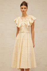 Irène neutrals belted pointelle-trim ruffled midi dress