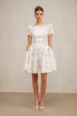 Josette white floral-lace puff mini dress