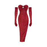 Belle red embellished midi dress (with gloves)