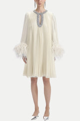 Manja Diamante Chiffon Feather Mini Dress - White