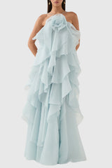 Caysie Halter Floral Ruffle Layered Maxi Dress - Blue