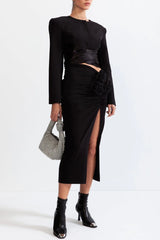 Maelie Bow Detail Satin Crop Blazer - Black