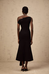 Laurine asymmetric draped midi dress in Black