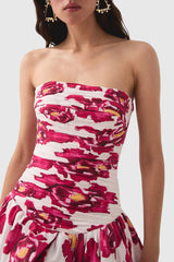 Coleka Floral Print Strapless Ruched Maxi Dress - Pink